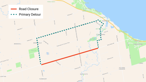 Map showing location of closure on Grey Road 40 and detour route